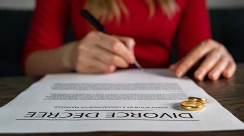 Woman in red signing divorce decree